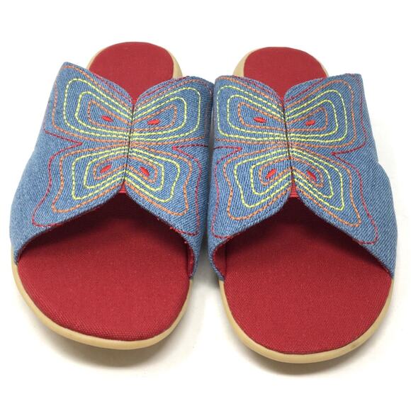 Vintage Embroidered Butterfly Sandals Women's Sz 8 Blue Denim Colorful Sandals - Picture 4 of 6